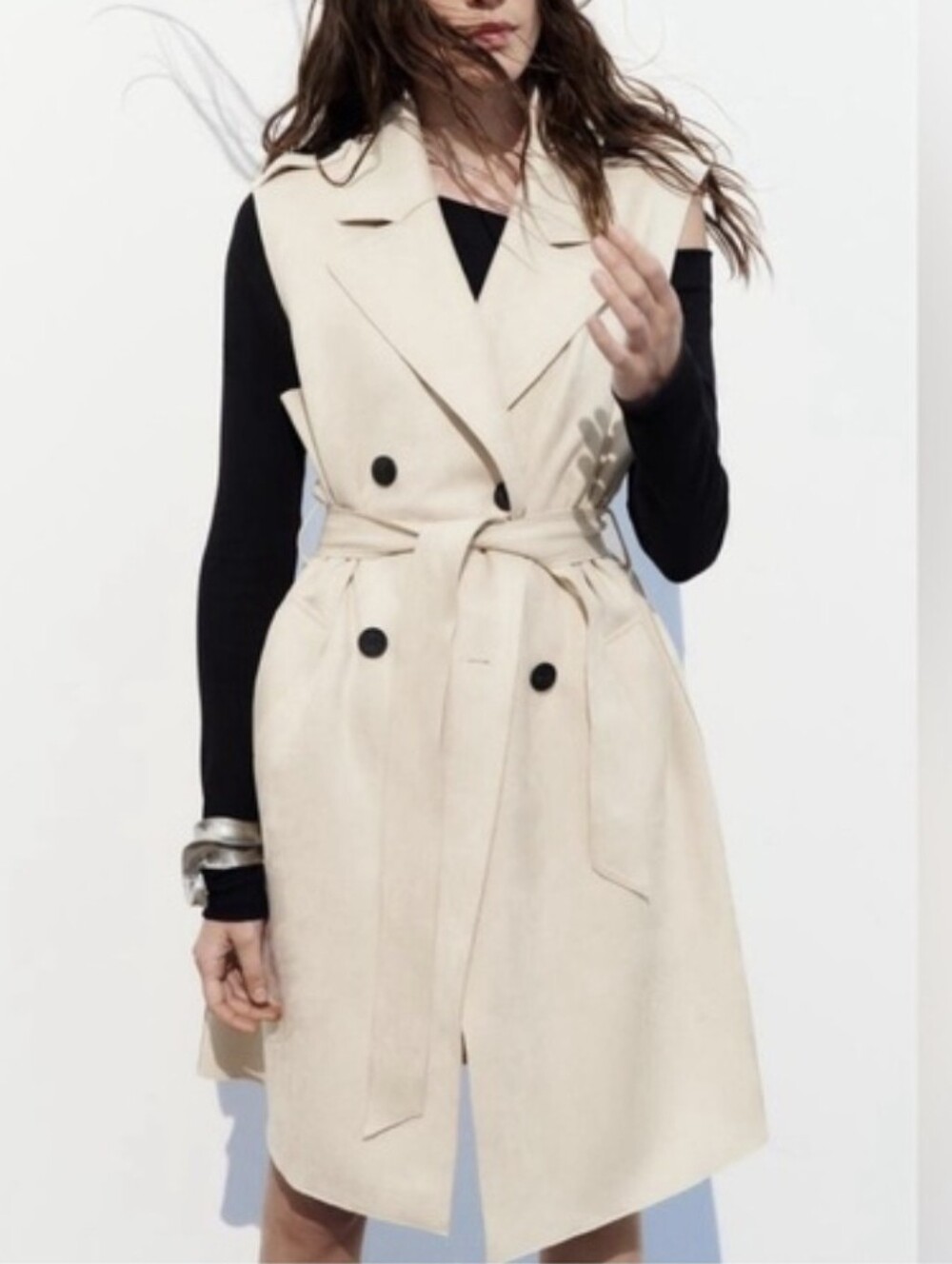 ZARA Faux Suede Sleeveless Trench Coat Vest Belted Cream Beige Size L Large